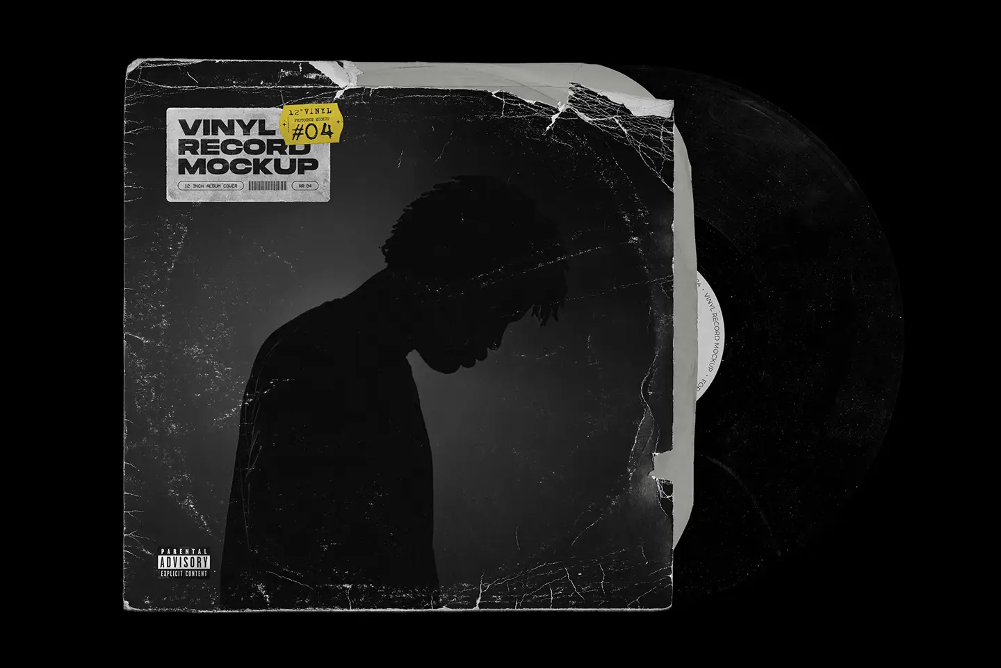 Realistic vinyl record mockup showing worn album cover and partially visible vinyl