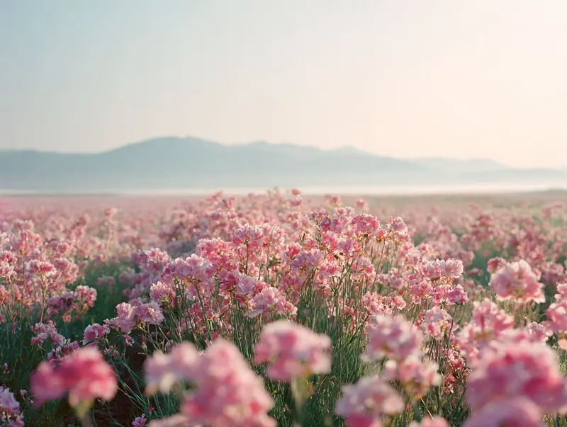 A vast field of pink carnations stretches toward a misty mountain range under a pale, hazy sky.