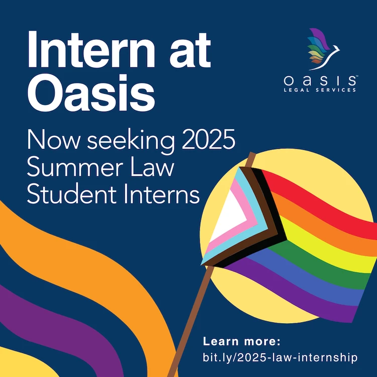 Oportunidade de estágio na Oasis Legal Services para estagiários de Direito no verão de 2025, com uma arte gráfica com a vibrante bandeira Progress Pride e faixas curvas dinâmicas em amarelo, roxo e azul.
