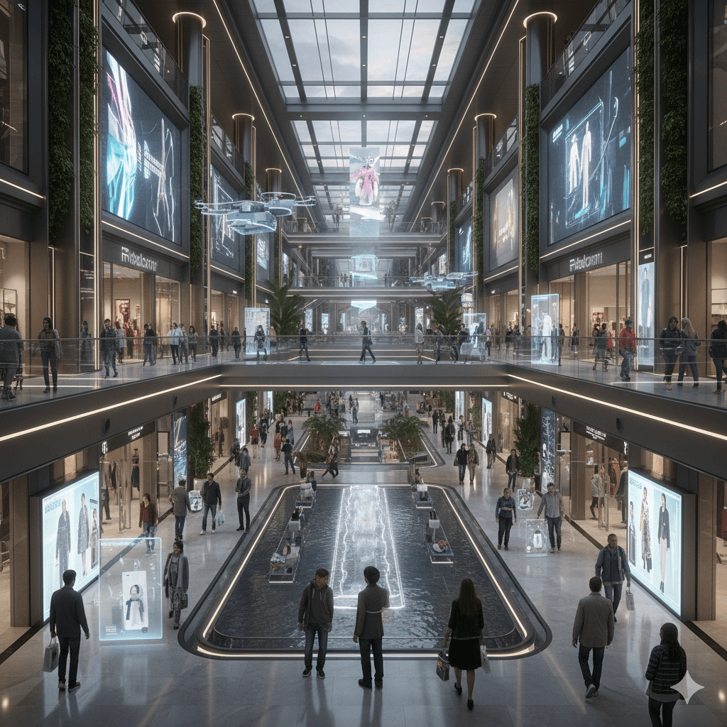 High-tech luxury shopping mall interior with digital displays and futuristic retail walkways