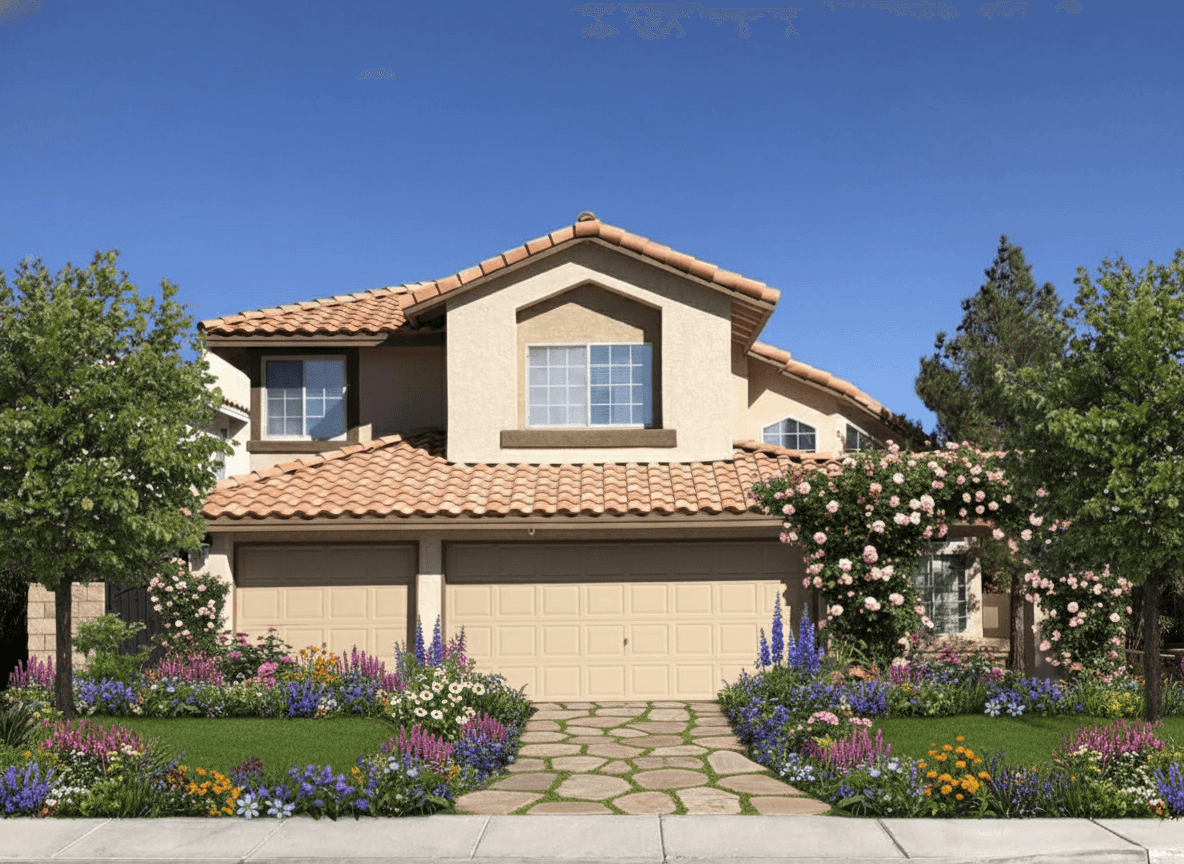 Cottage garden transformation — stone pathway, roses, flowering beds, shade trees