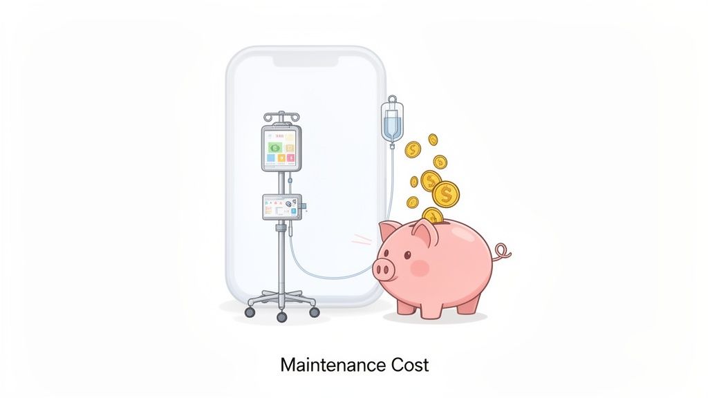 An app (smartphone) is connected to an IV drip, feeding coins into a piggy bank, symbolizing maintenance costs.