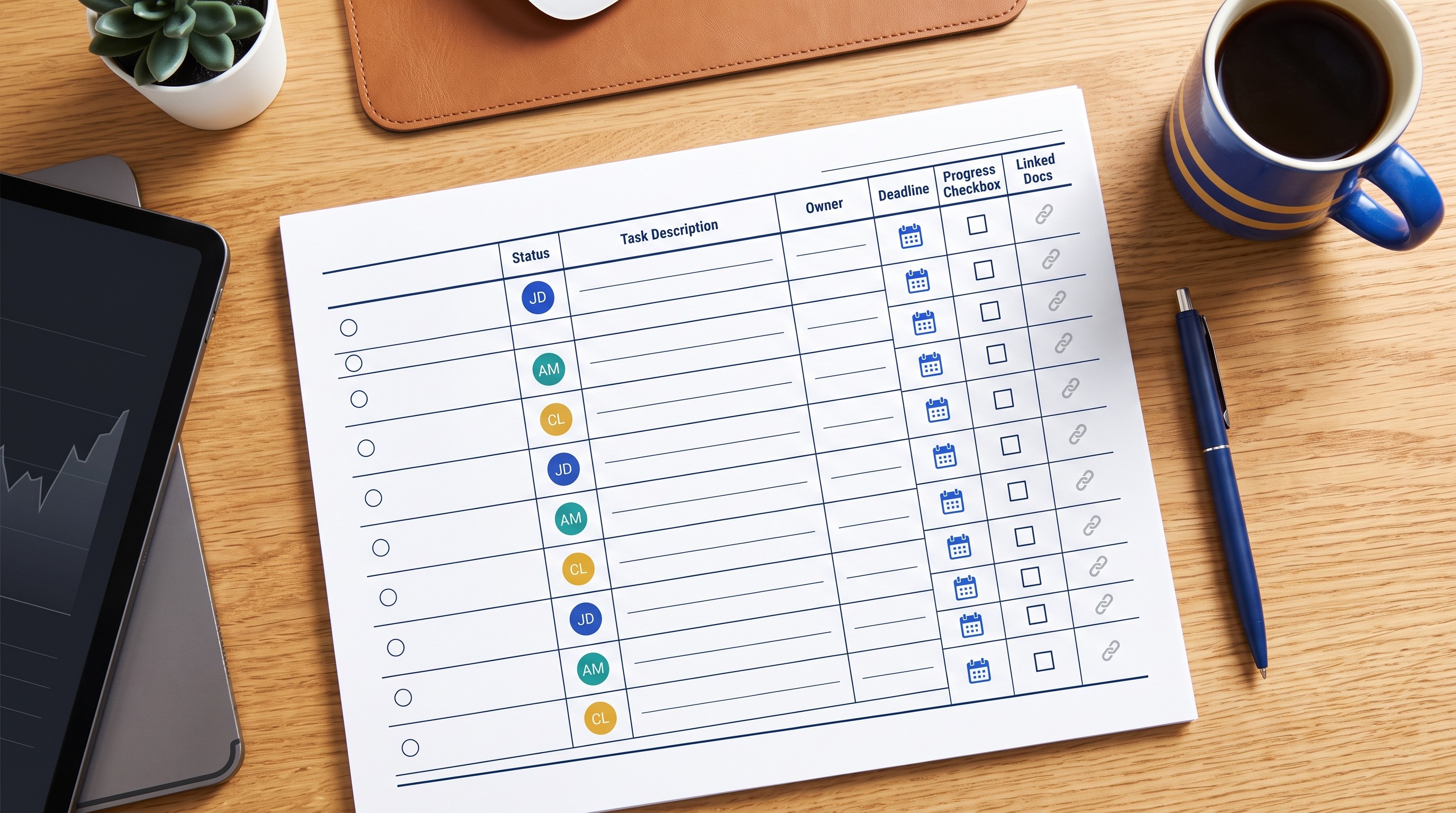 Meeting action tracker with owners and deadlines