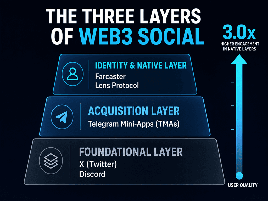 A three-tier architectural diagram showing the foundational, acquisition, and identity layers of Web3 social media platforms for 2026 strategy.