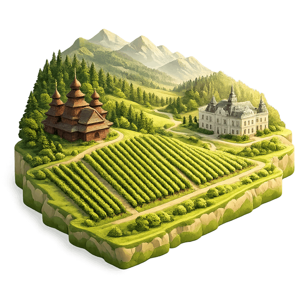Artistic illustration of the Podkarpackie wine region.
