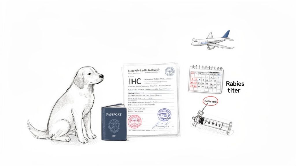An illustration of a dog, passport, health certificate, calendar, syringe, and airplane, depicting pet travel requirements.