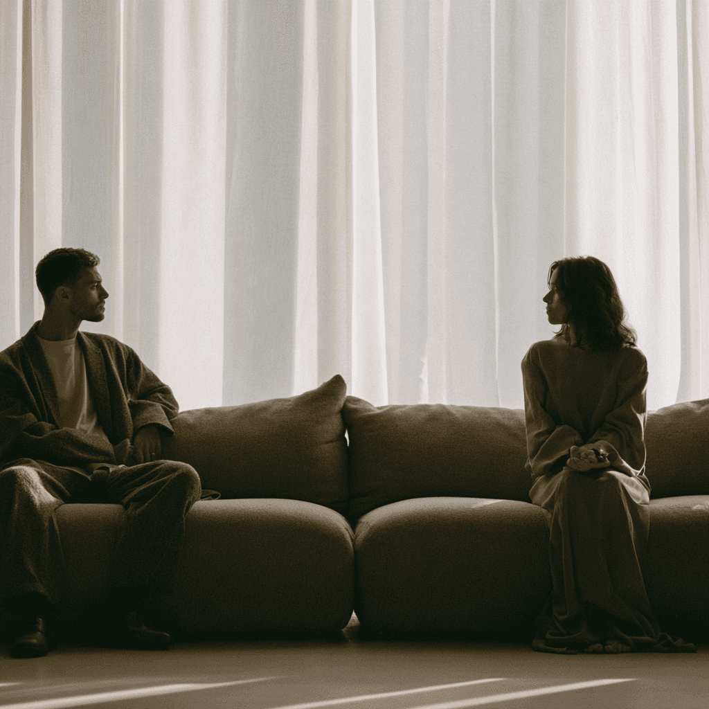 A couple sitting apart on a sofa in a bright living room, one person looking out the window while the other looks toward them.
