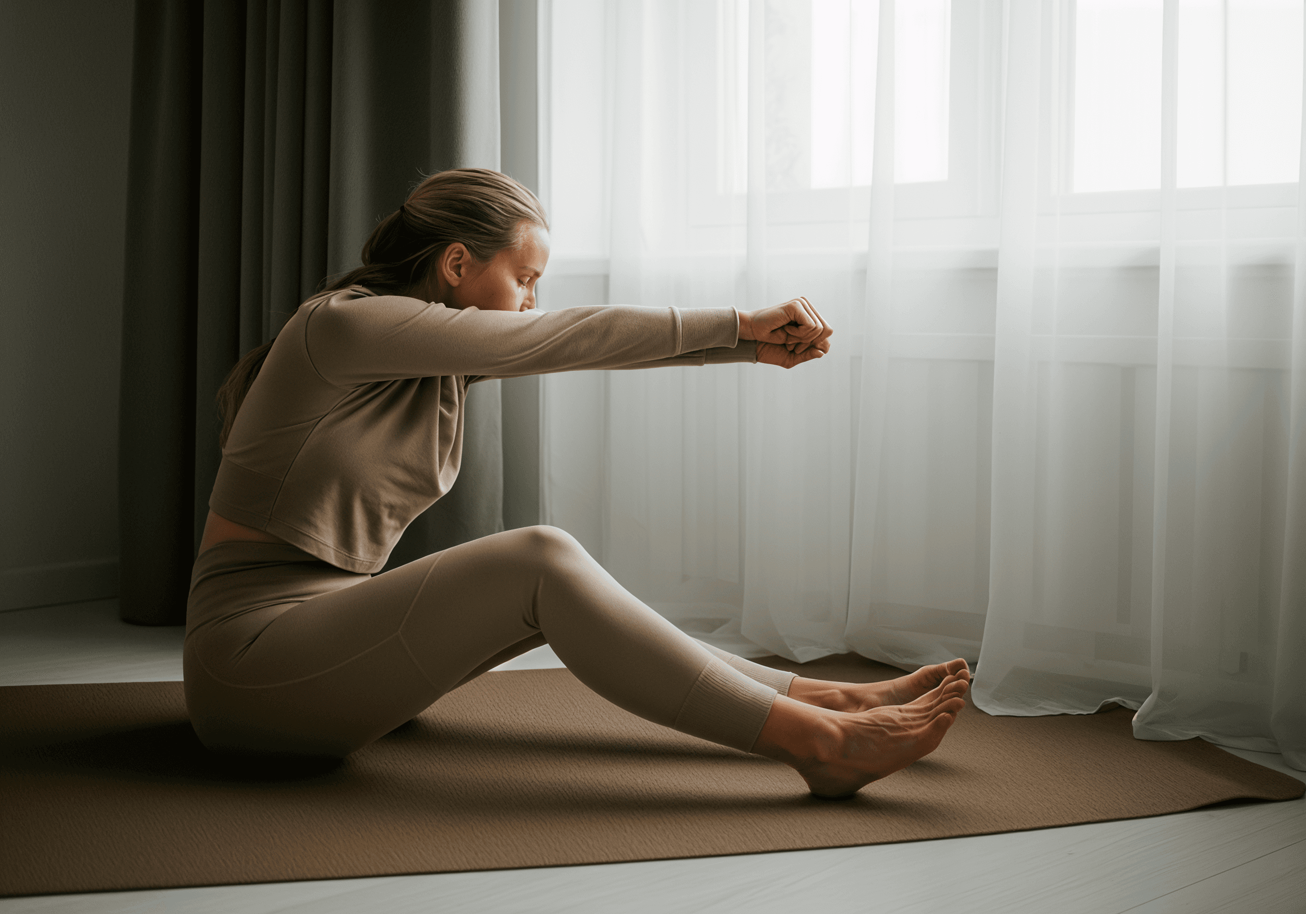 Woman in exercise outfit stretches forward on a yoga mat in front of a window, practicing yoga.
