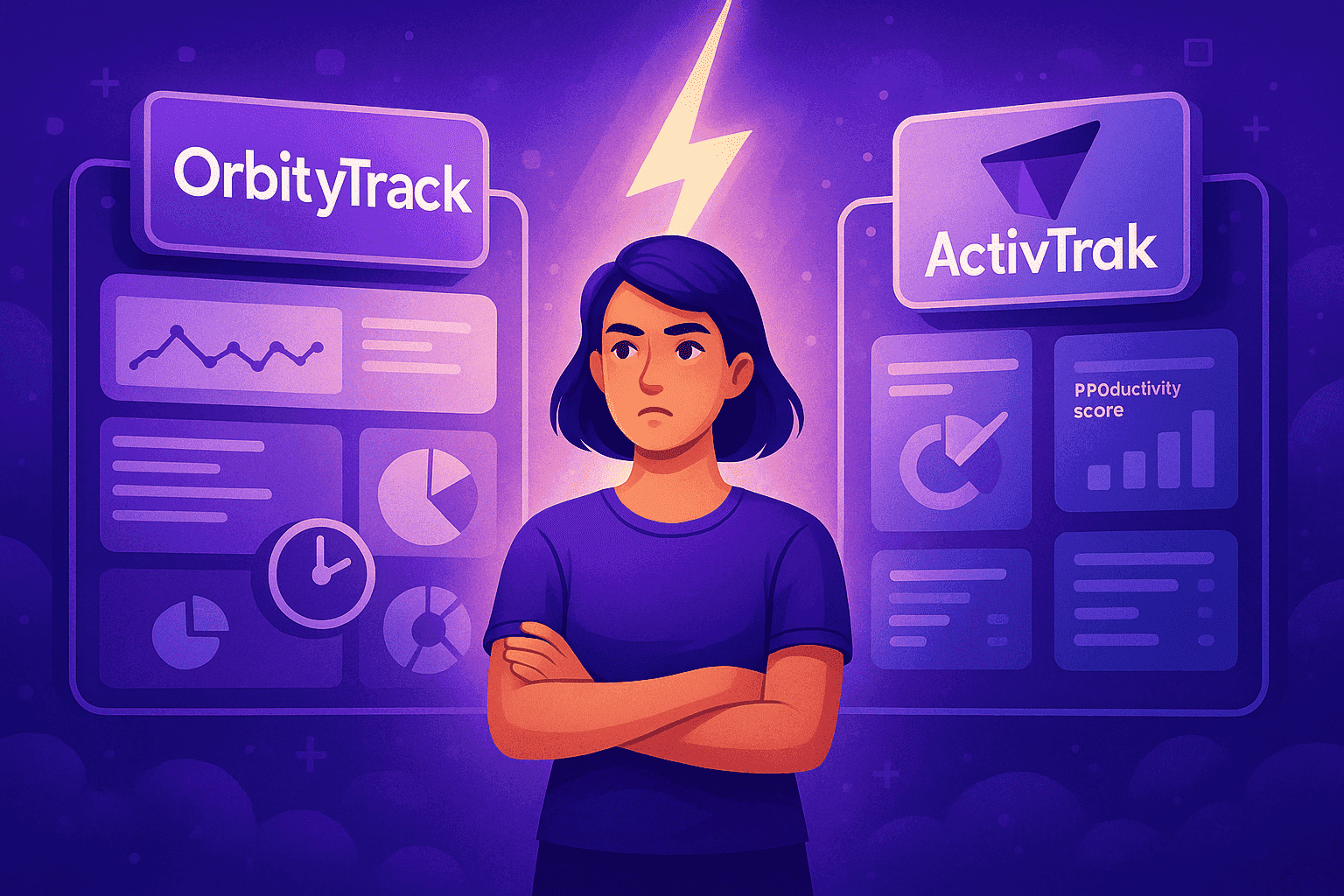Illustration of a person standing between two glowing software panels, looking uncertain while comparing different monitoring platform features.