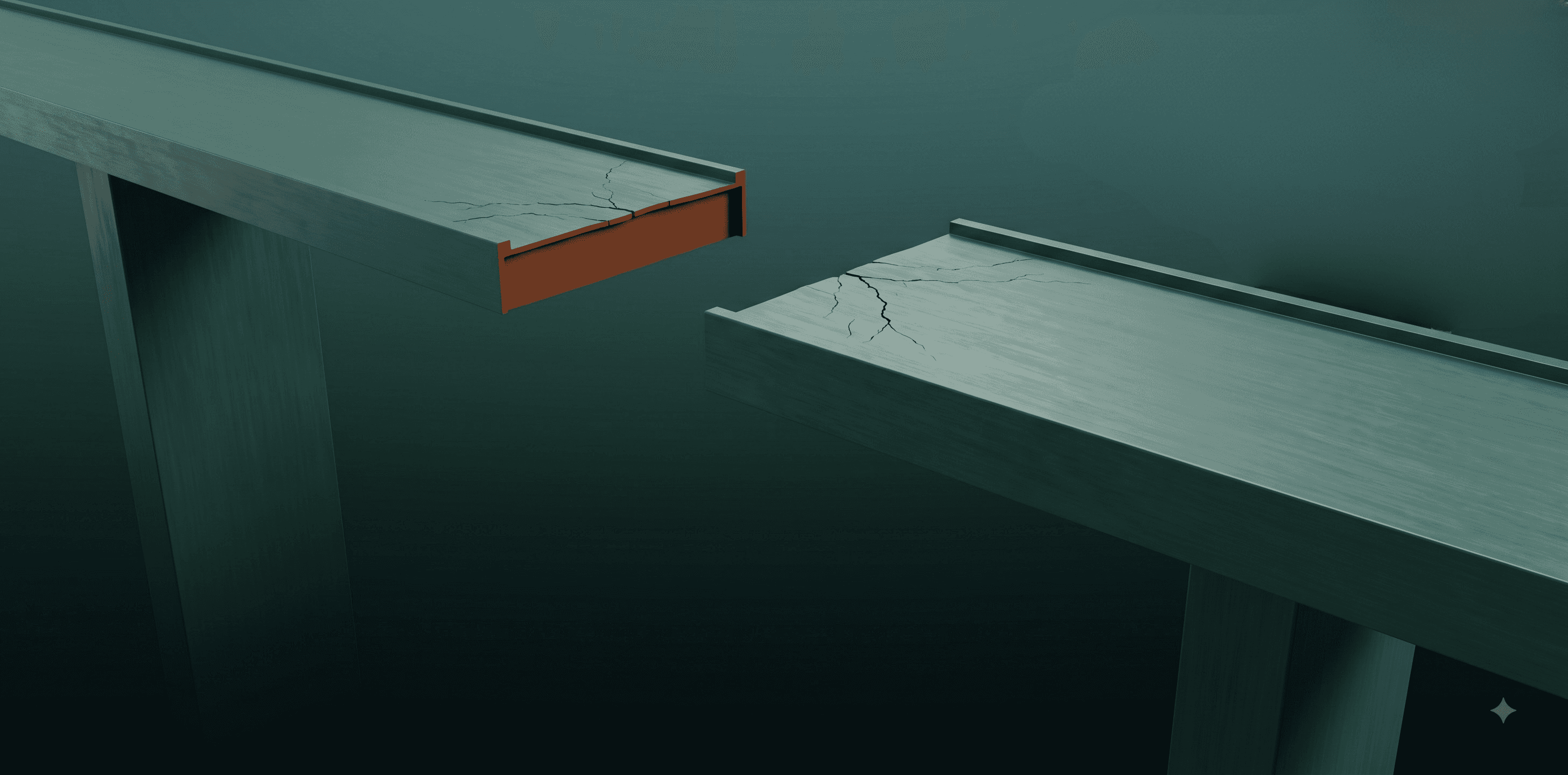 A bridge deck broken into two separated spans with a gap between them, cracks radiating from each broken edge, and a dark, bottomless void below, illustrating a hidden gap in coverage.