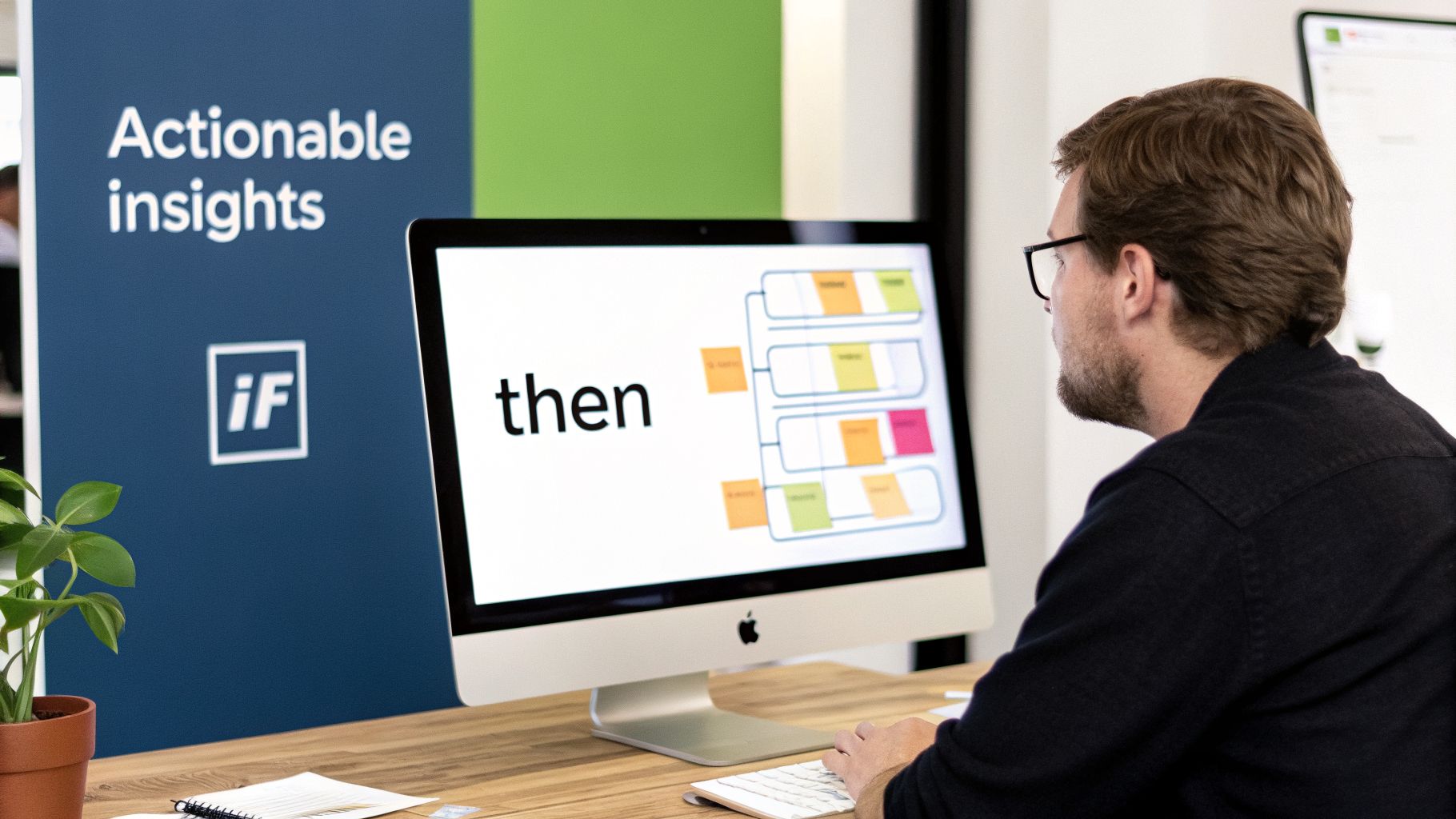 Man analyzing data on a computer screen displaying a flowchart and 'then' in an office.