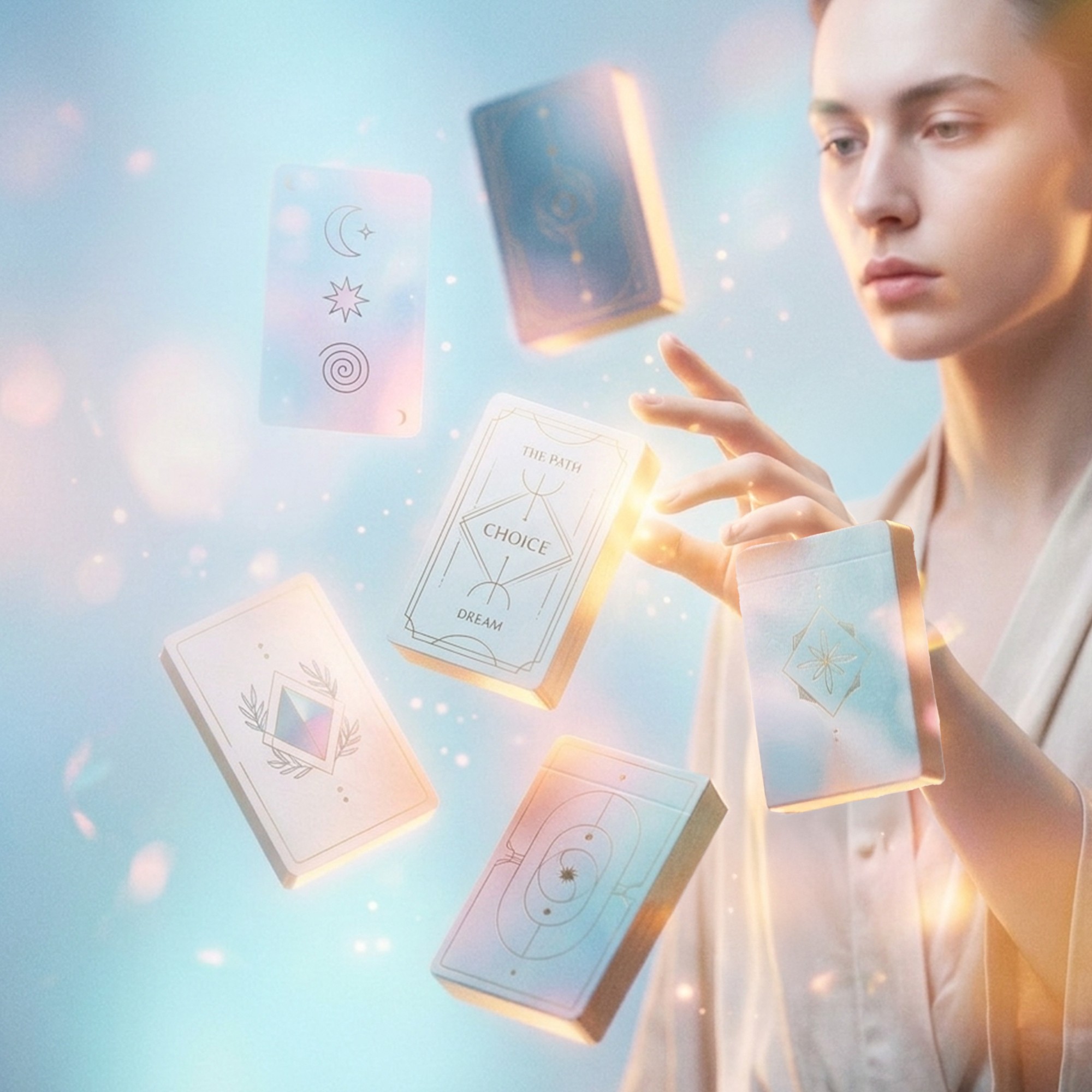 Abstract grainy image of a blurred city skyline seen through fog or frosted glass. A tall pointed building rises in the center against soft gradients of blue, lavender, pink, and warm orange. The heavy film grain and diffused light give it a dreamlike, atmospheric quality.