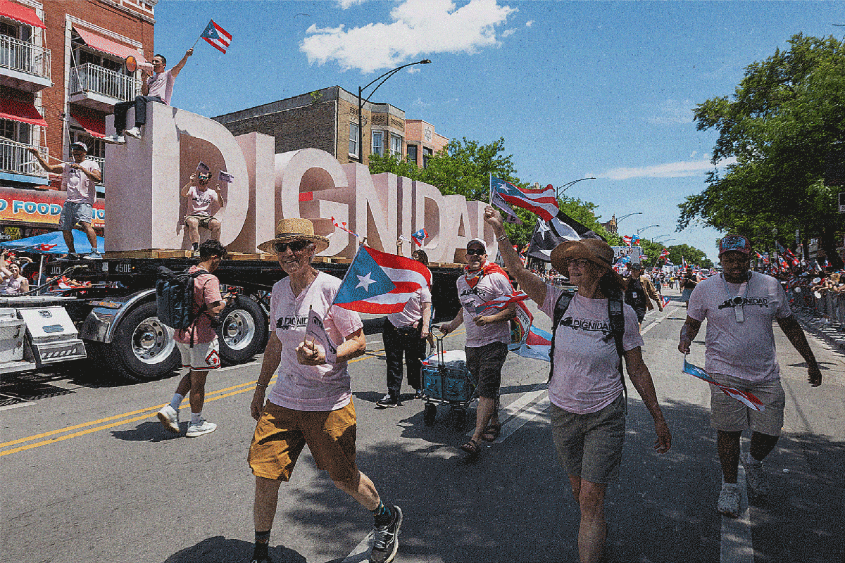 Series of images showing the semitruck carring the massive letters spelling out DIGNIDAD around Chicago, and an inflatable monument with mosque elements that references the Savoy Ballroom.