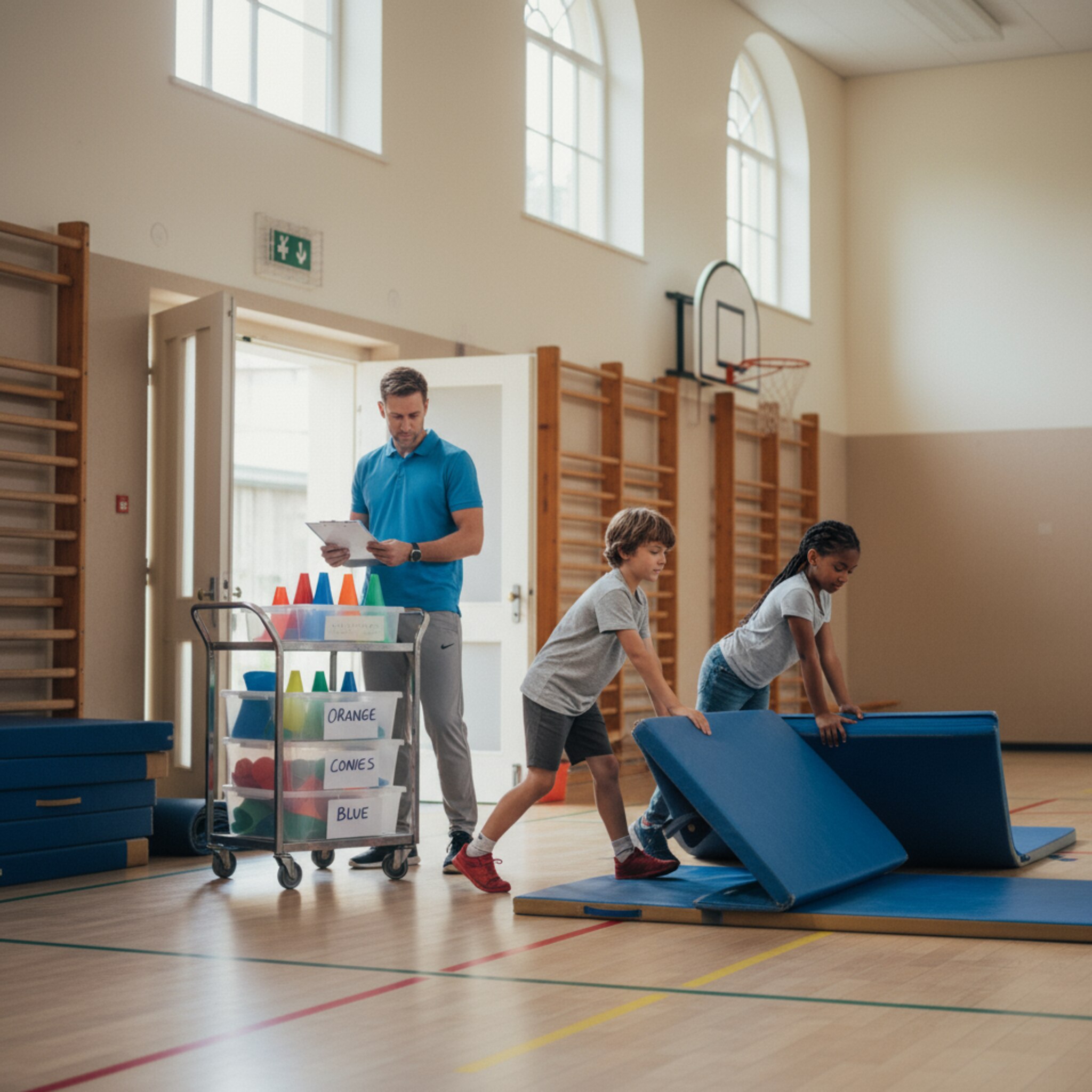 Nach dem Training rollen zwei Vereinskinder Matten sauber zum Geräteraum. Ein Betreuer kontrolliert eine gedruckte Liste und sortiert Markierungshütchen in Kisten. Die Halle ist aufgeräumt, die Nutzung klar nachvollziehbar. Der Abschluss wirkt ordentlich und dokumentiert.