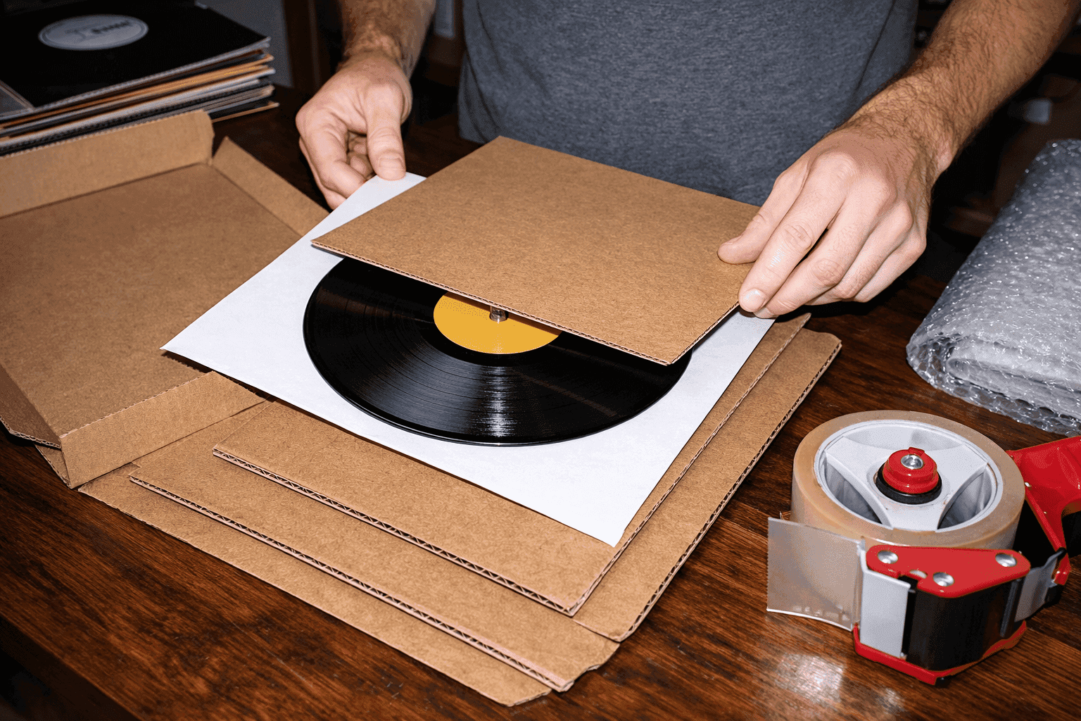 Hands packing a vinyl record with cardboard inserts and protective mailer for safe shipping