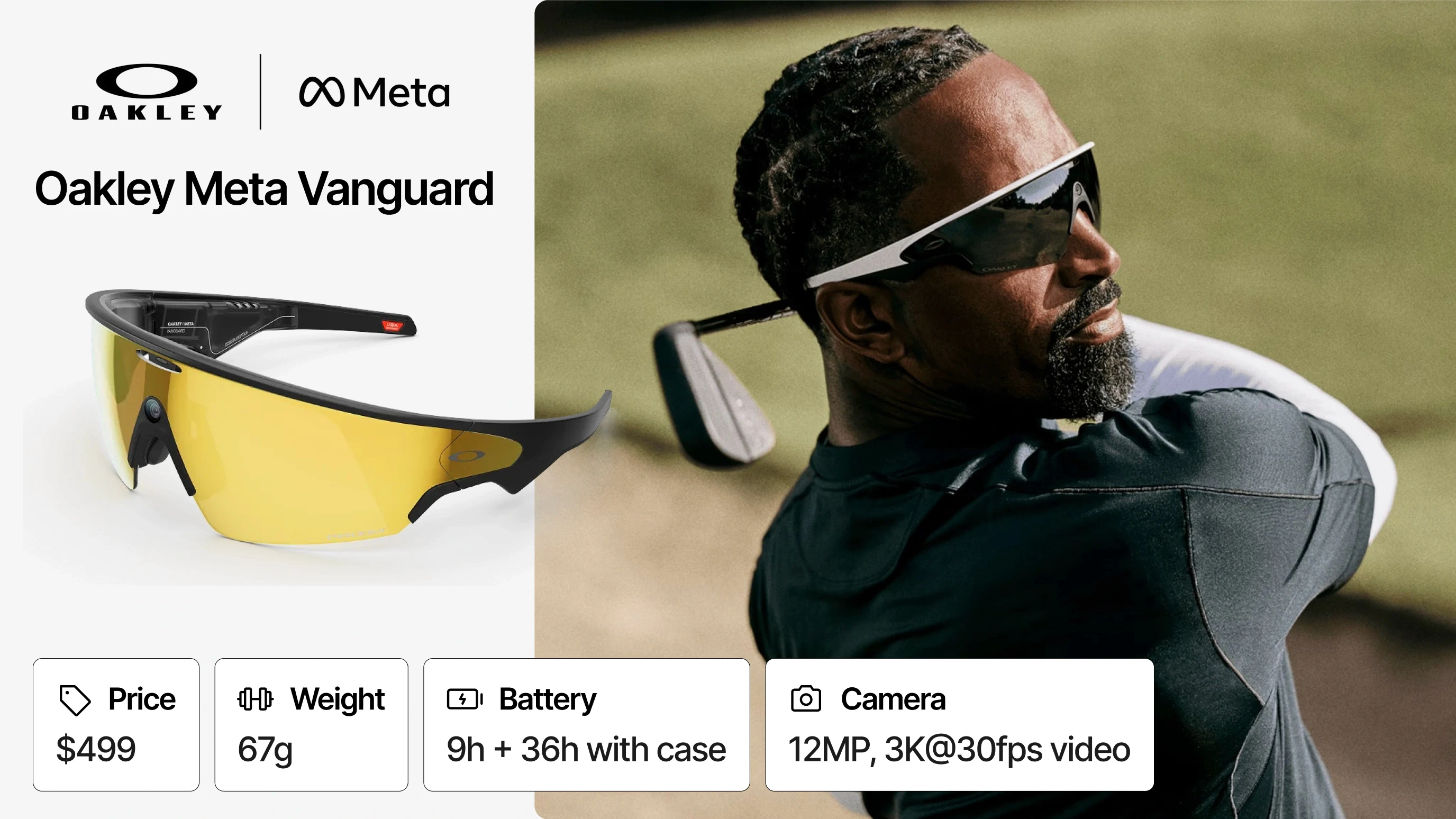 Oakley Meta Vanguard smart glasses product overview — $499, 67g, 9h battery (36h with case), 12MP 3K@30fps camera, shown worn by a man playing golf