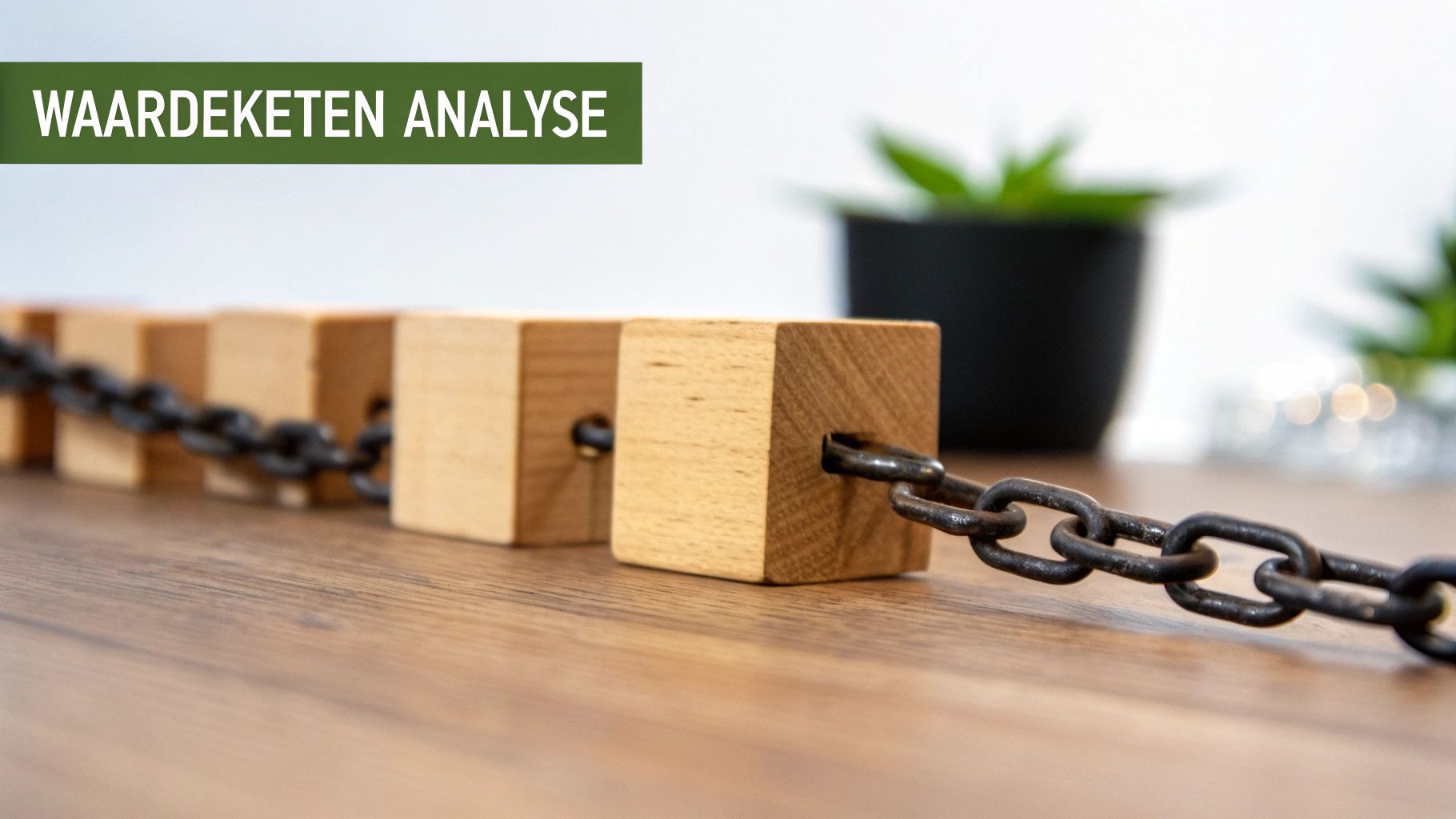 Een close-up van houten blokken verbonden door een metalen ketting, met de tekst 'WAARDEKETEN ANALYSE' in een groene balk.
