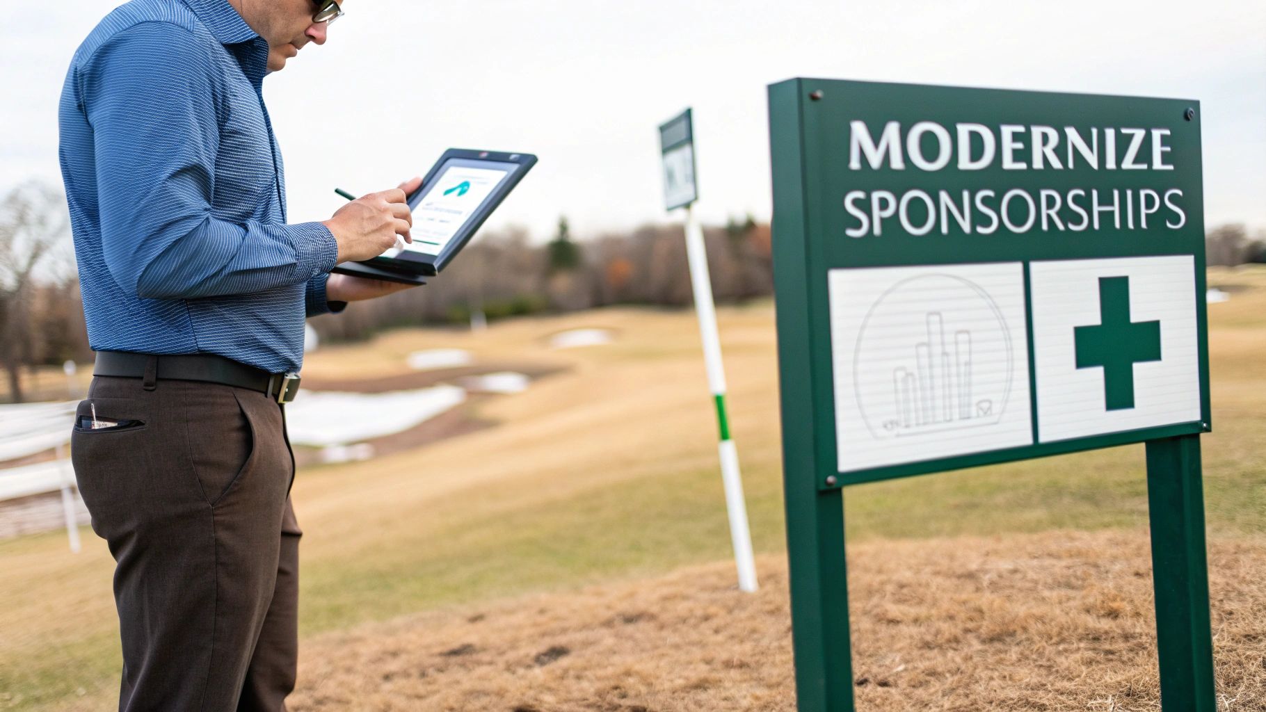 A man on a golf course uses a tablet, standing near a sign about modernizing sponsorships.