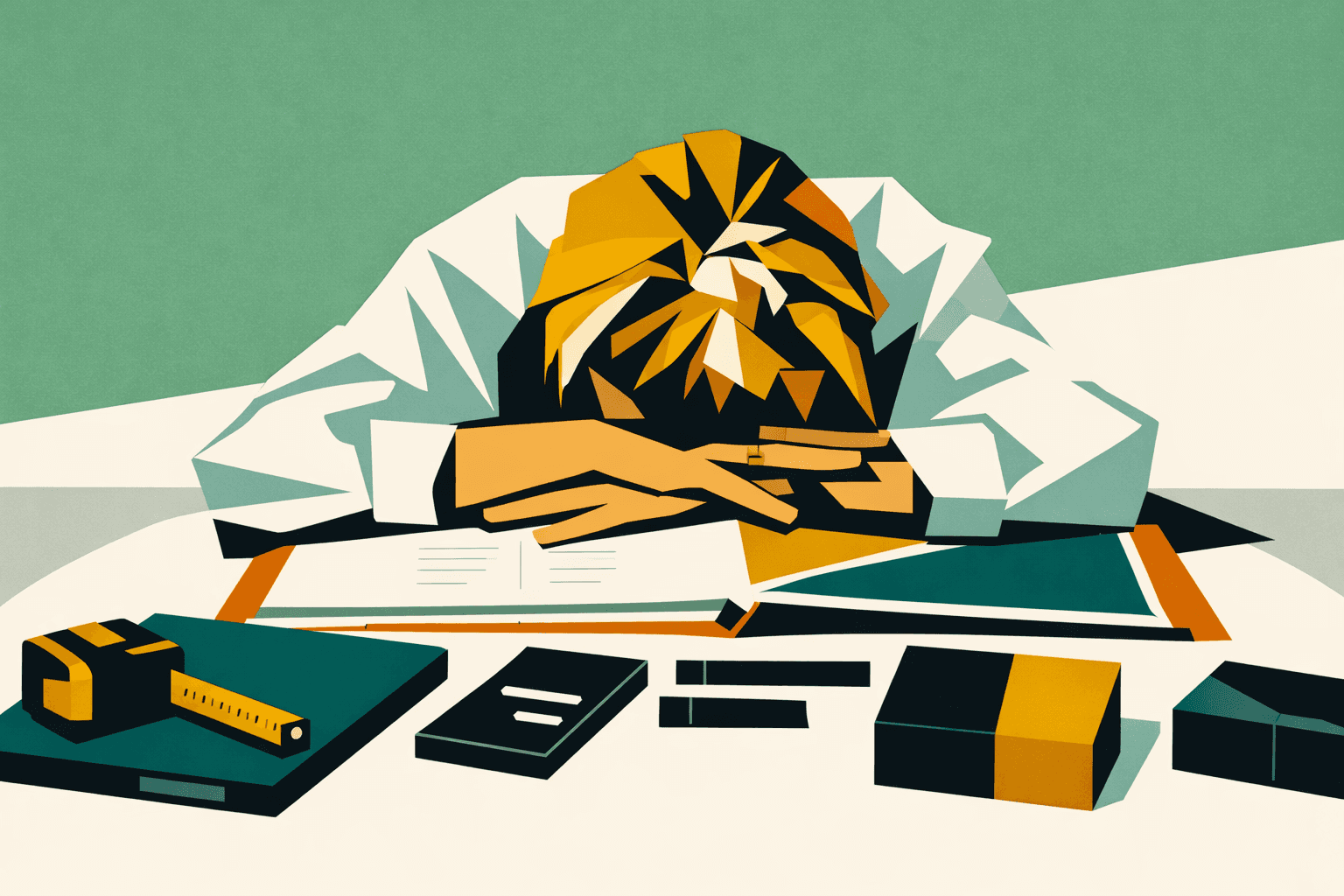 Professionista over 30 esausto con la testa sul tavolo, simbolo di blocco, burnout e bisogno di ripartenza lavorativa