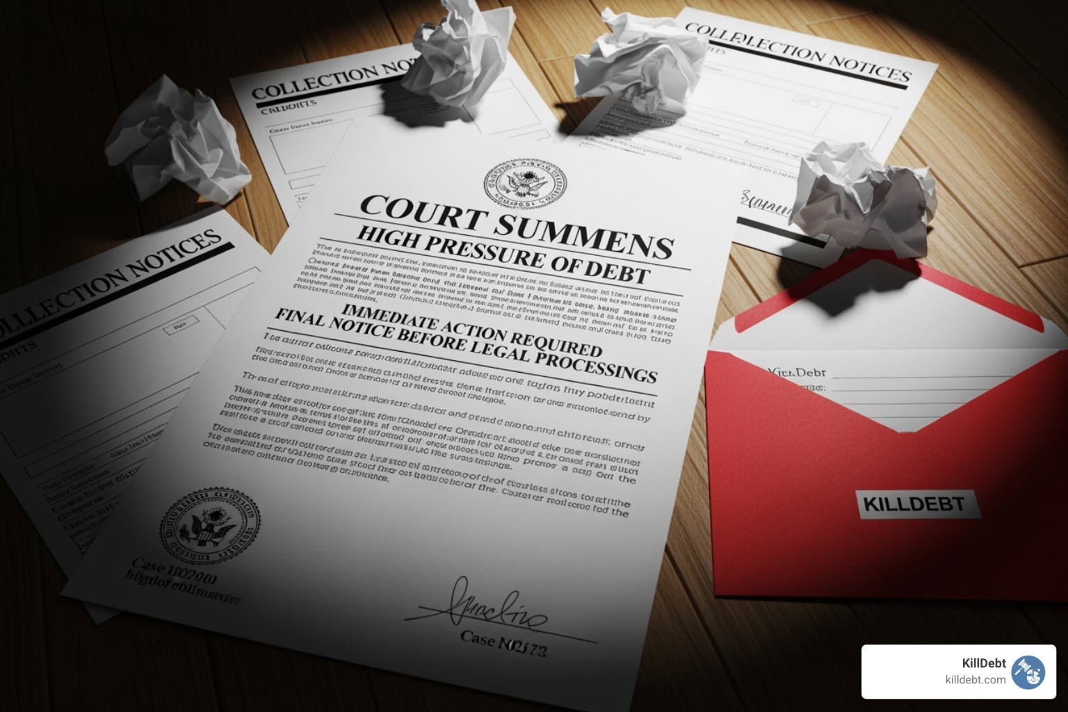 A high-pressure court summons for debt, emphasizing the urgency of responding to collection notices