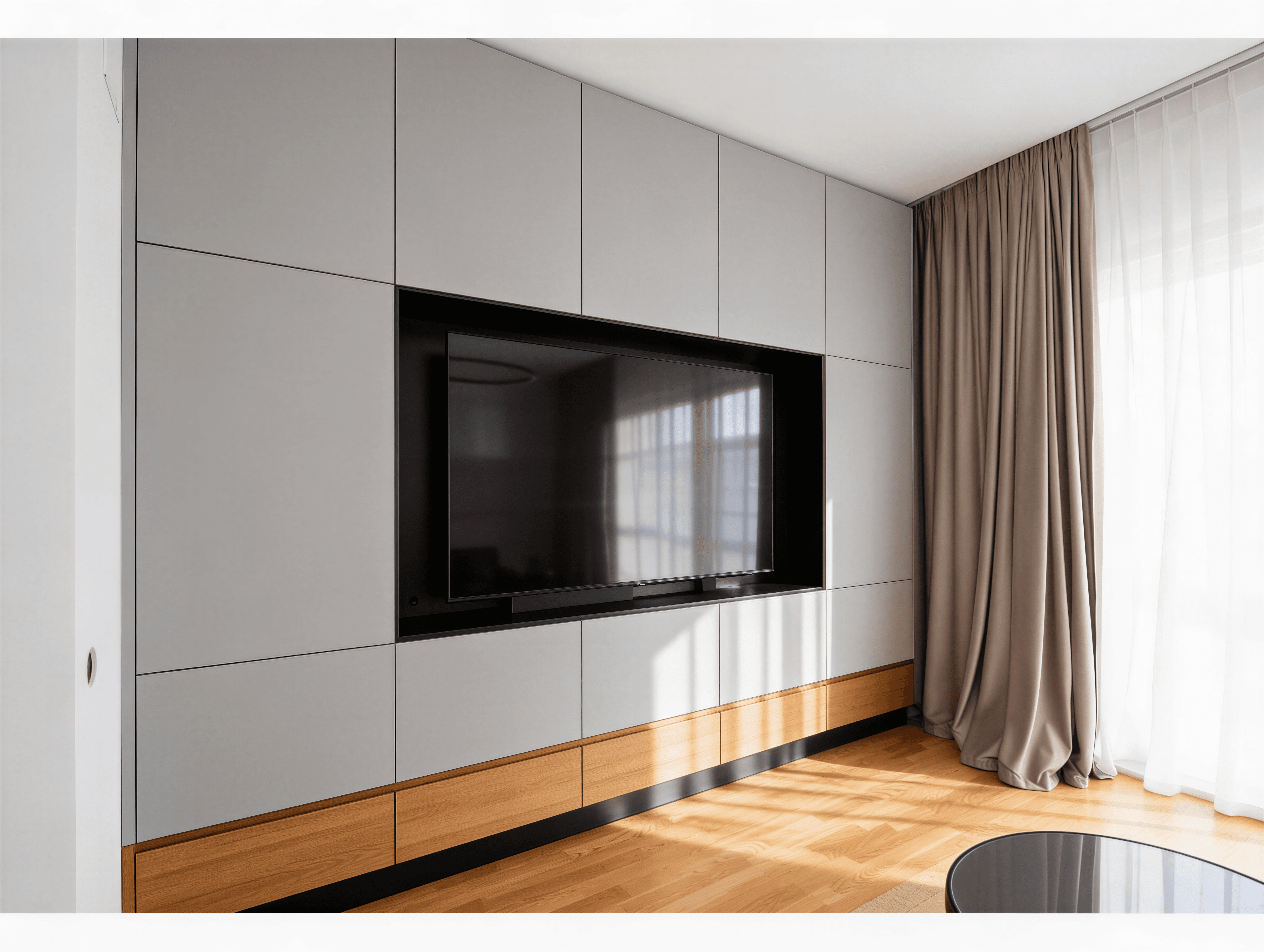 Perete media modern cu panouri gri mate și bază din lemn, TV încastrat și draperii bej.