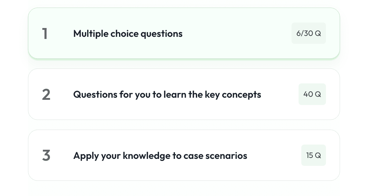 View of learning resources with multiple choice questions, case questions, and free response questions