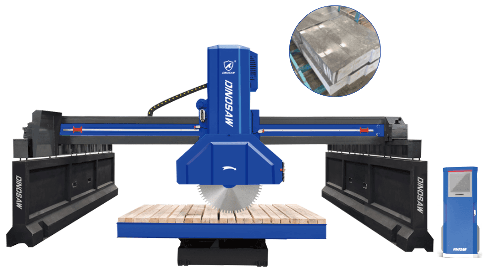 The Dinosaw Bridge Cutting Machine (QSZQ-1200/1400/1600) equipped with a powerful blade and advanced control panel, designed for precise cutting of large stone slabs.