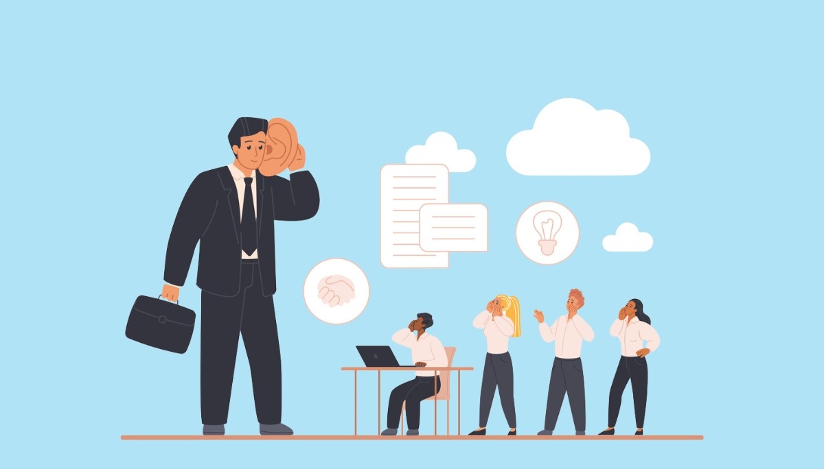 Illustration of a large businessman holding an oversized ear while others converse nearby.