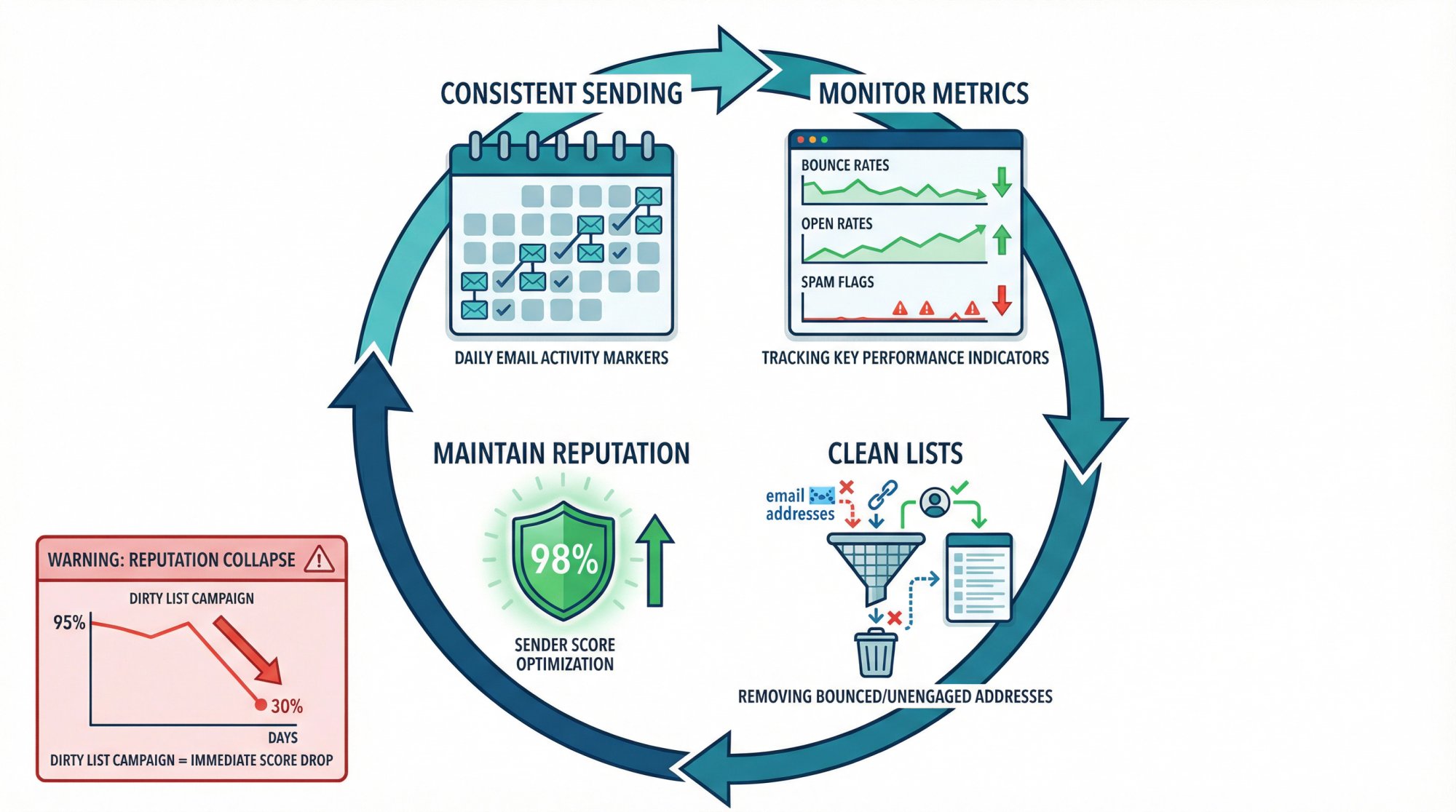 Ongoing email warmup maintenance cycle showing consistent sending patterns, metric monitoring, and list hygiene as continuous practices rather than one-time tasks