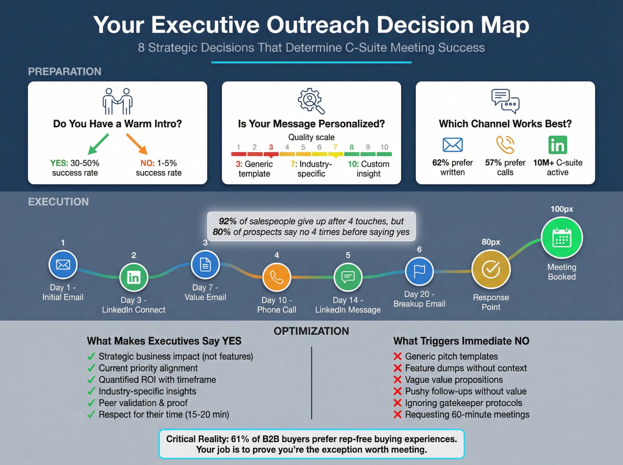 Visual decision map showing the strategic choices and paths for reaching C-suite executives through multi-channel outreach