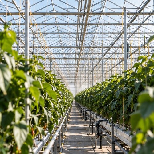 Nederlandse glastuinbouwkas met lange gewasrijen aan weerszijden van een looppad, tralieliggers en assimilatielampen boven het gewas, en daglicht door het glasdek
