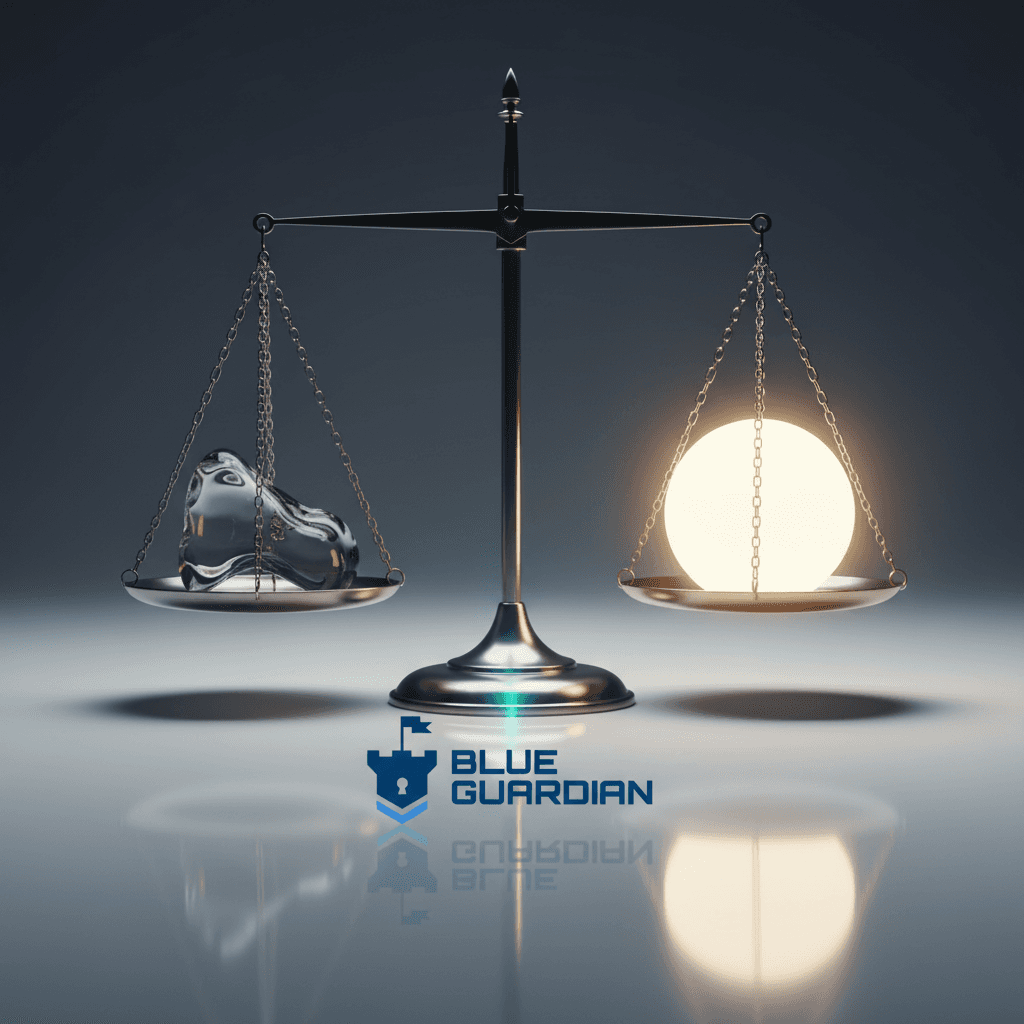 Balance scale representing risk and reward in lot sizing, with one side glowing and another weighed by shadow.