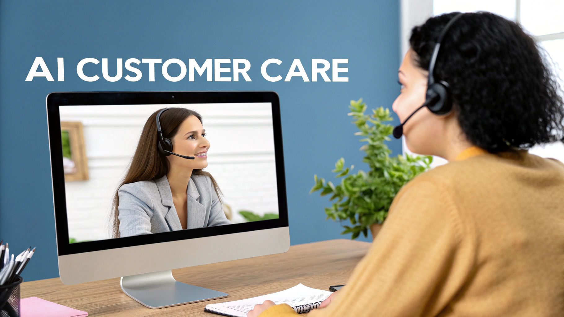 Two people with headsets engaged in a virtual AI customer care session on a computer screen.