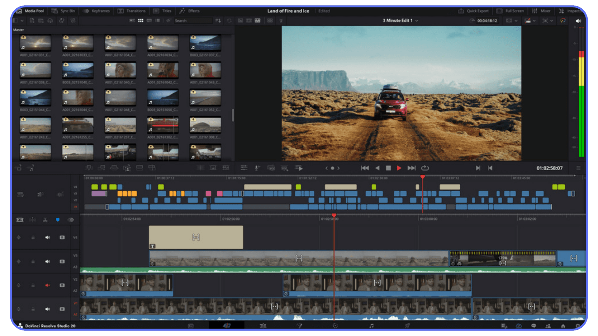 DaVinci Resolve edit window showing a red car driving through a rocky landscape with a detailed timeline below.