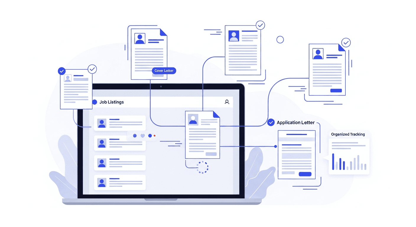Modern clean illustration showing an AI-powered job application workflow: a sleek laptop or computer screen displaying a streamlined dashboard interface with multiple job listings, connected by flowing lines to automated documents (resumes and cover letters) being customized and sent out. Include visual elements suggesting speed and efficiency like subtle motion lines, progress indicators, and organized application tracking elements. Use a professional color palette with blues, whites, and accent colors. Style should be minimalist, modern, and tech-forward without any text or words visible.