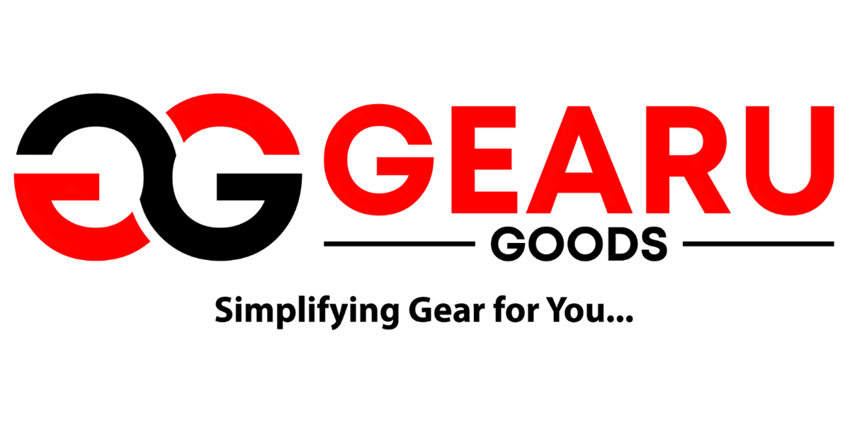Gearu Goods logo with bold red and black colors, featuring 'EG' and 'Gearu Goods' text, simplifying gear solutions.