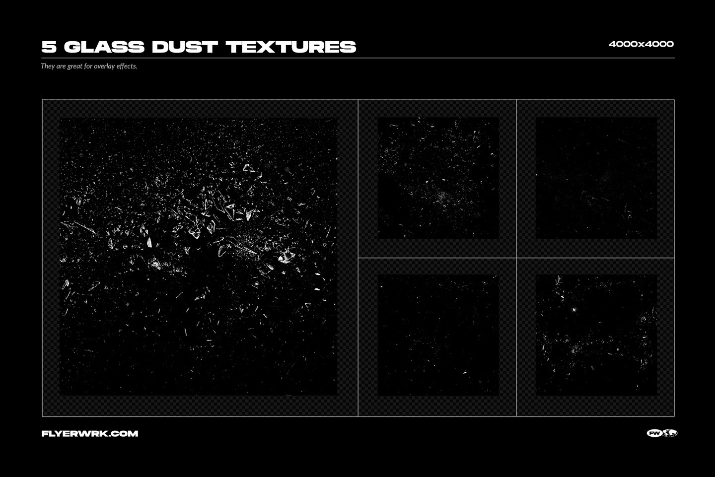Five glass dust textures for realistic overlay effects featuring high resolution scattered glass particles