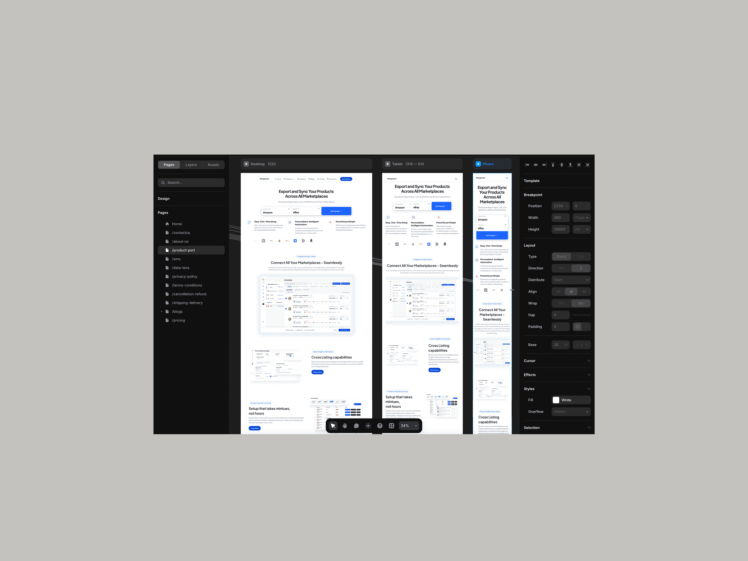 Wireframing of Mergekart website on framer platform
