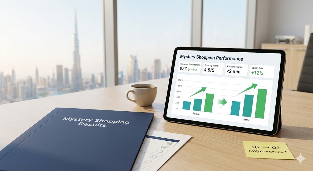 Tablet displaying bar graphs and analytics, placed on a desk with a notepad and a city skyline in the background.