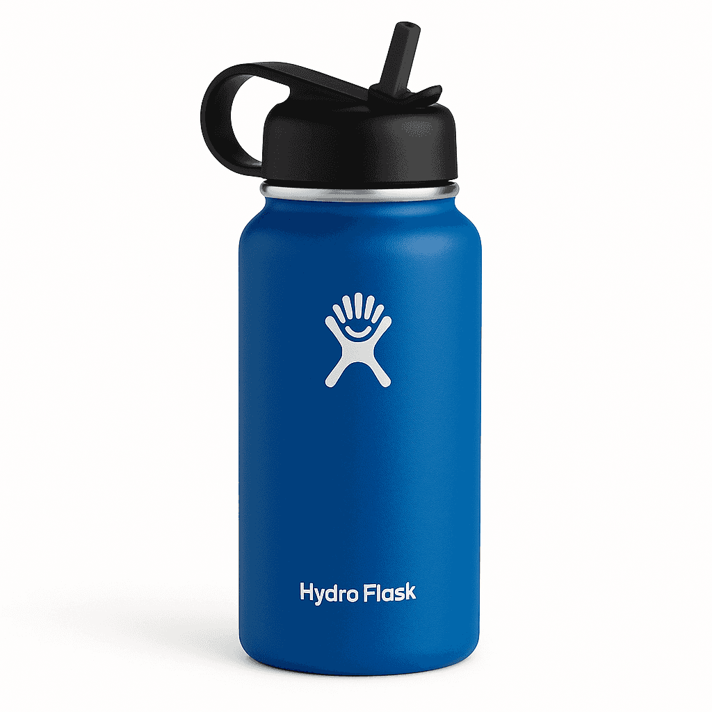 Hydro Flask 32 oz bottle with straw lid and blue matte finish on white background