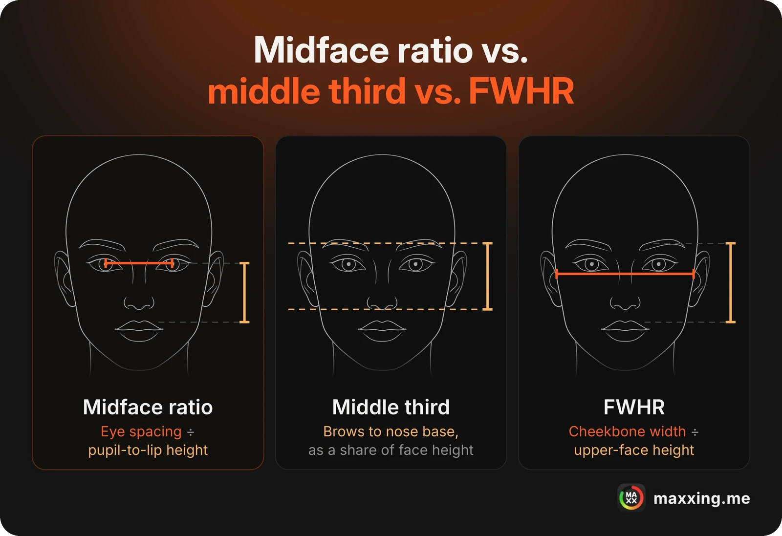 Midface ratio vs. middle third vs. FWHR: the midface ratio divides eye spacing by pupil-to-lip height, the middle third runs from the brows to the base of the nose, and FWHR divides cheekbone width by upper-face height