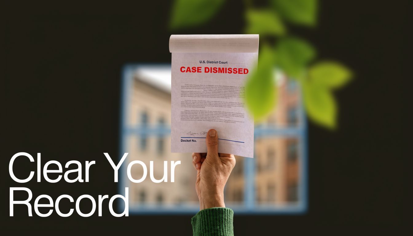 A hand holding a legal document with the words CASE DISMISSED printed in red text.
