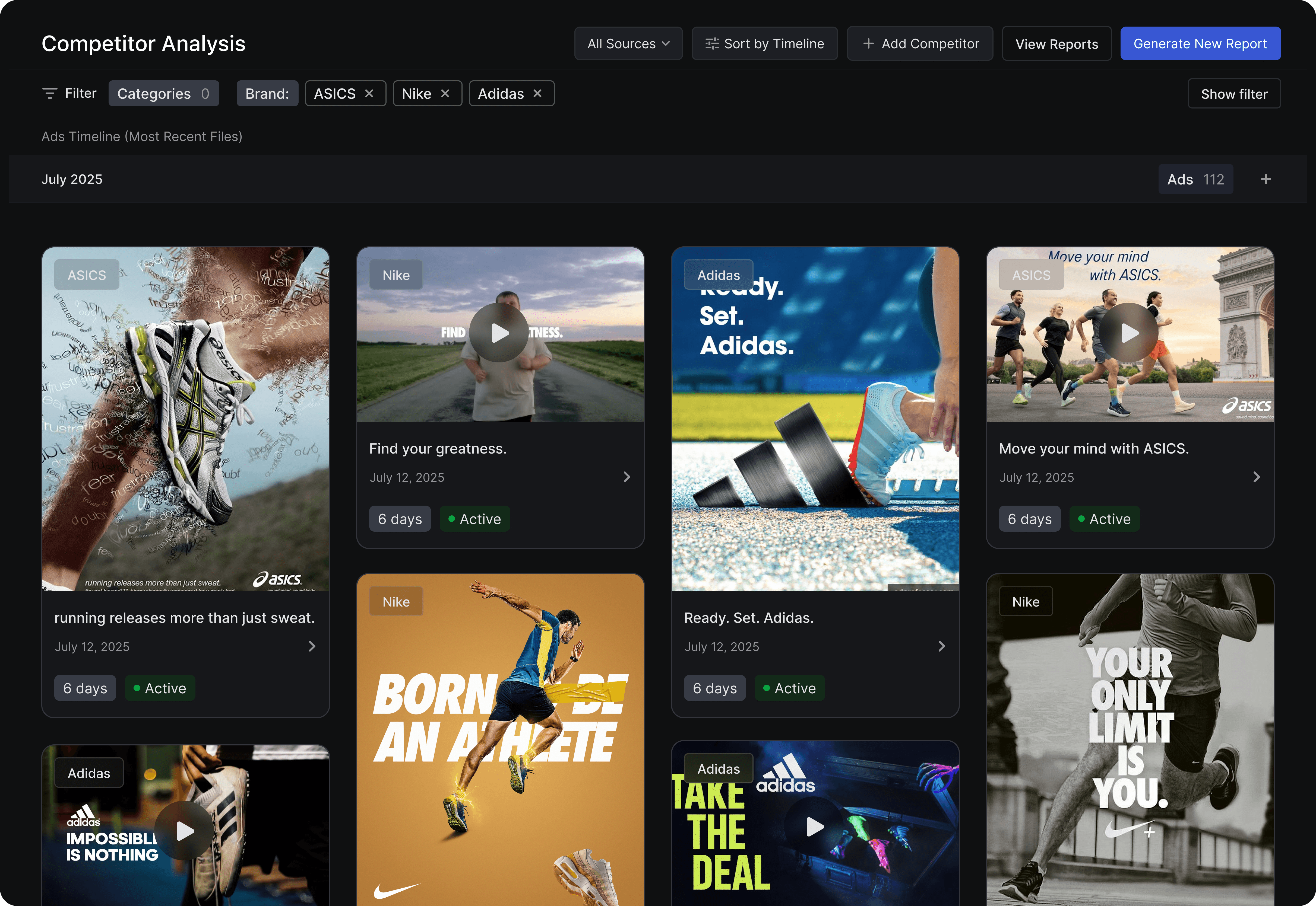 A Hawky.ai dashboard showing "Competitor Analysis" for the brands Asics, Nike, and Adidas, displaying a grid of their recent ad creatives, taglines, and active status.