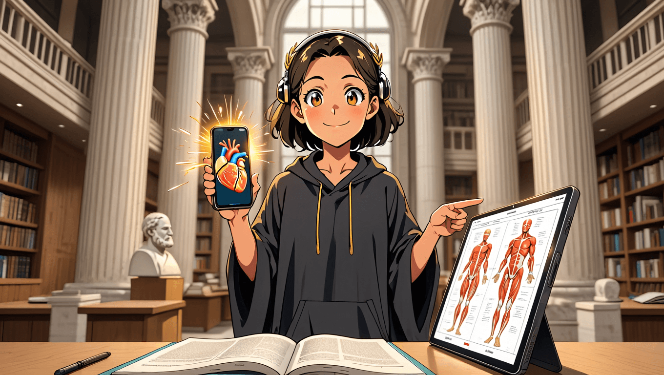 A successful, smiling medical student looking confidently at her notes, embodying achievement.