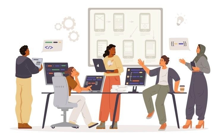 A team brainstorming in a creative workspace to understand engineering culture.