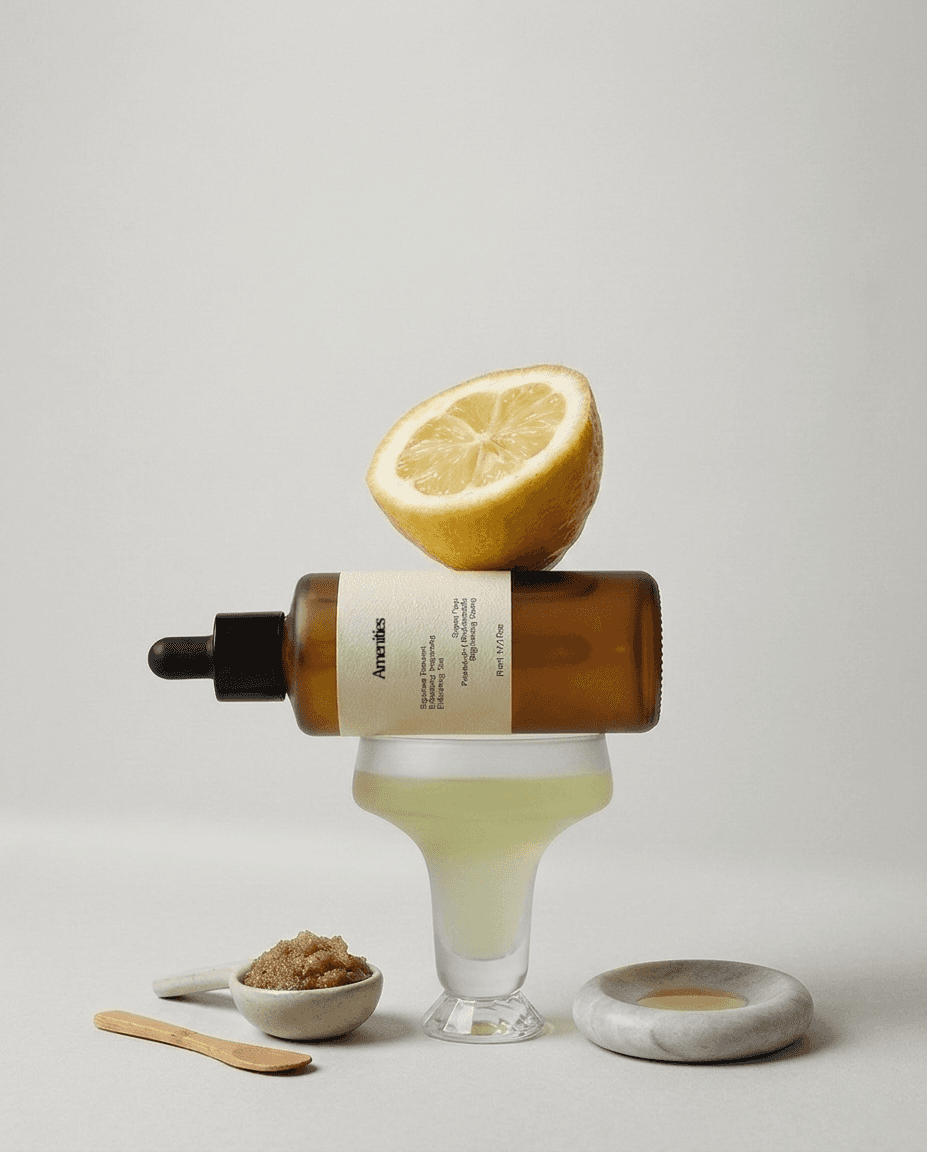 Amber dropper bottle and half a lemon balanced on a glass of lemon juice. Nearby are a dish of brown sugar with a wooden spoon and a marble dish. Minimalist, fresh vibe