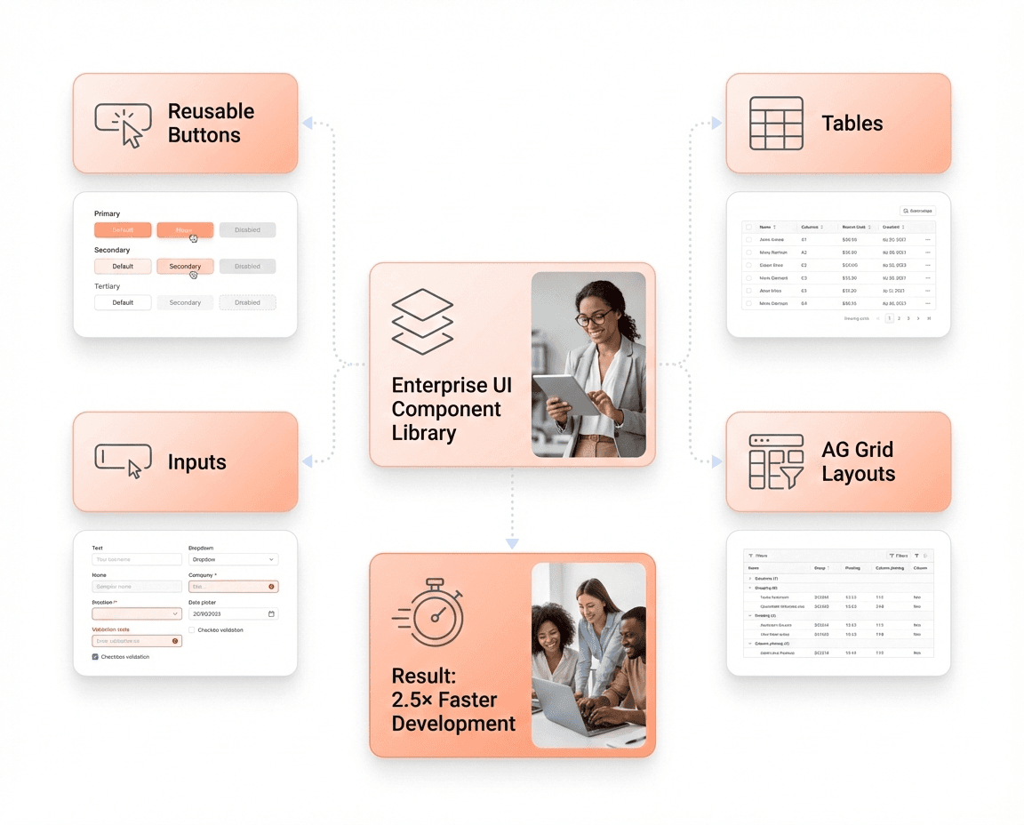 Enterprise UI component library showing reusable buttons, inputs, data tables, and AG Grid layouts that accelerate frontend development and reduce bugs across SaaS products.