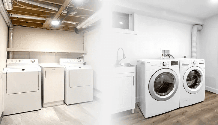 Basement laundry area renovation comparison with updated flooring and modern appliances.
