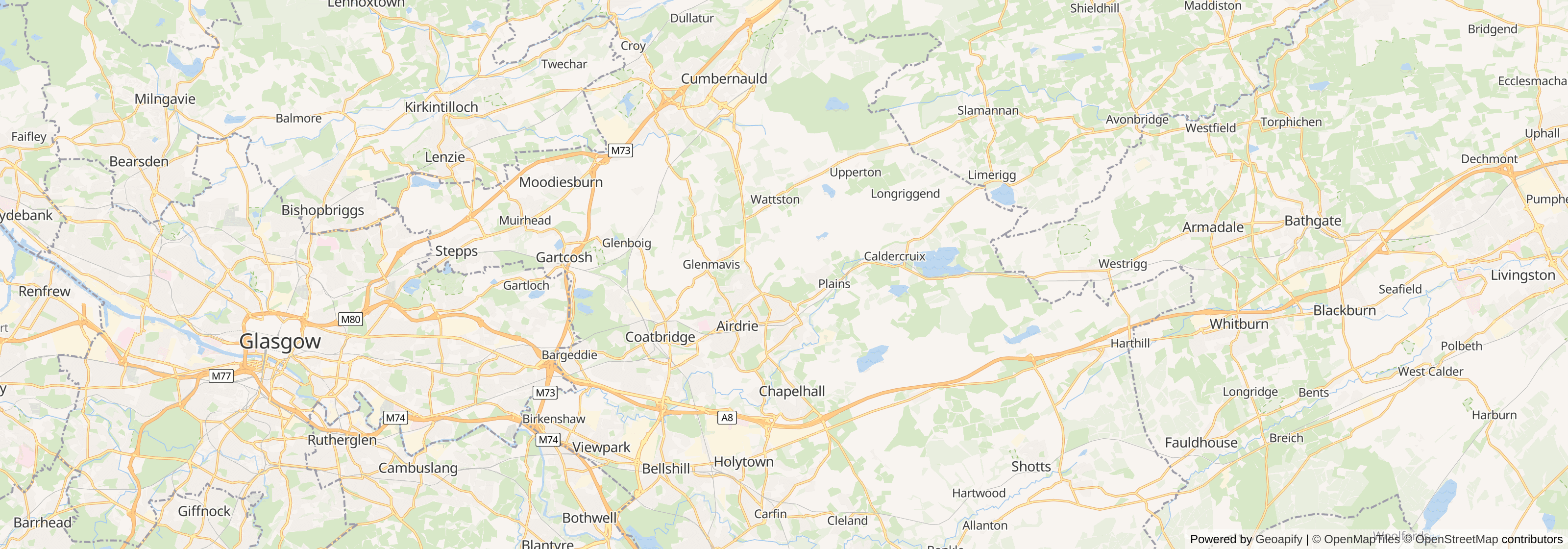Map of North Lanarkshire showing main towns, roads and surrounding areas