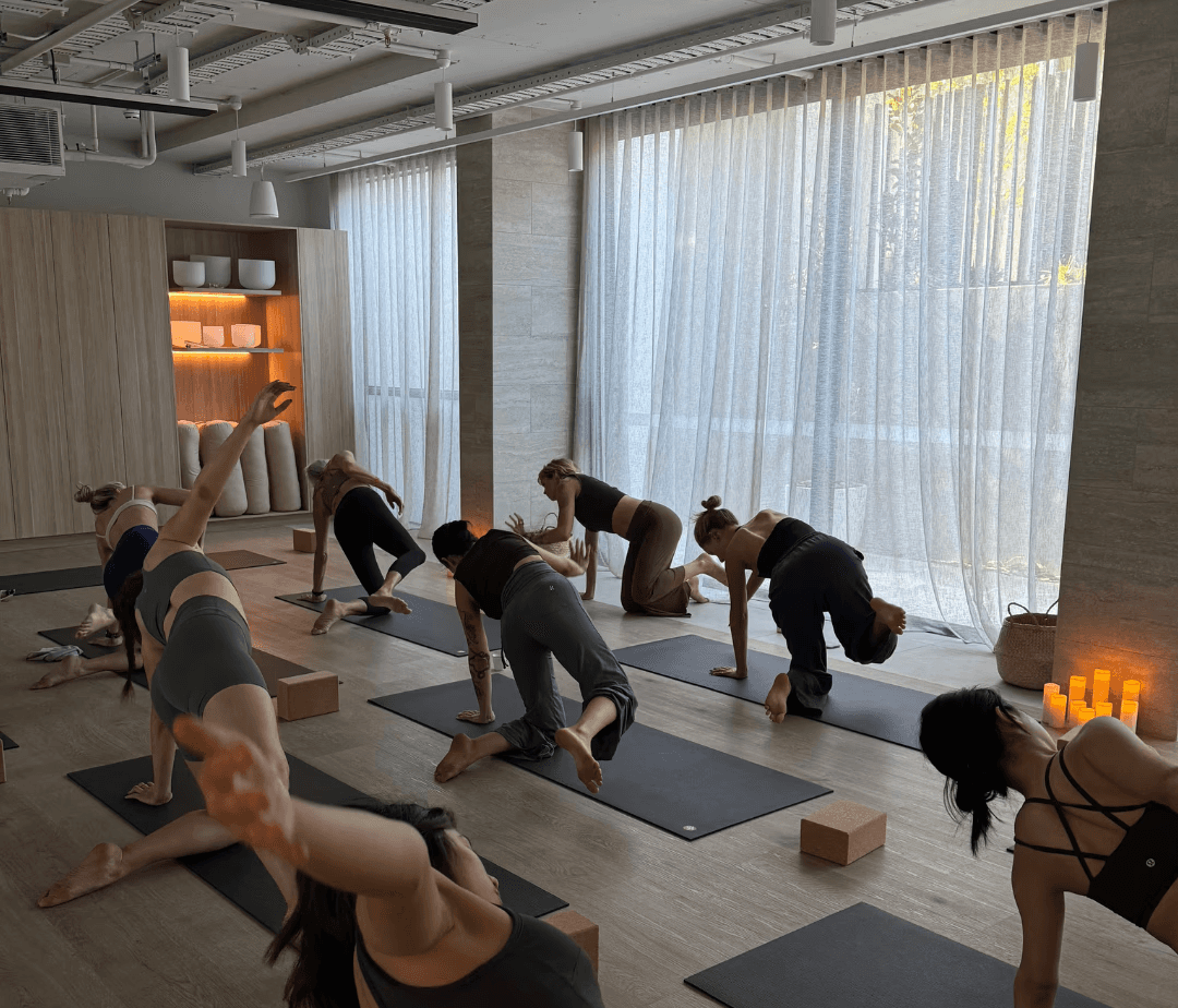 Spacious yoga studio with clean floors and calming ambiance.